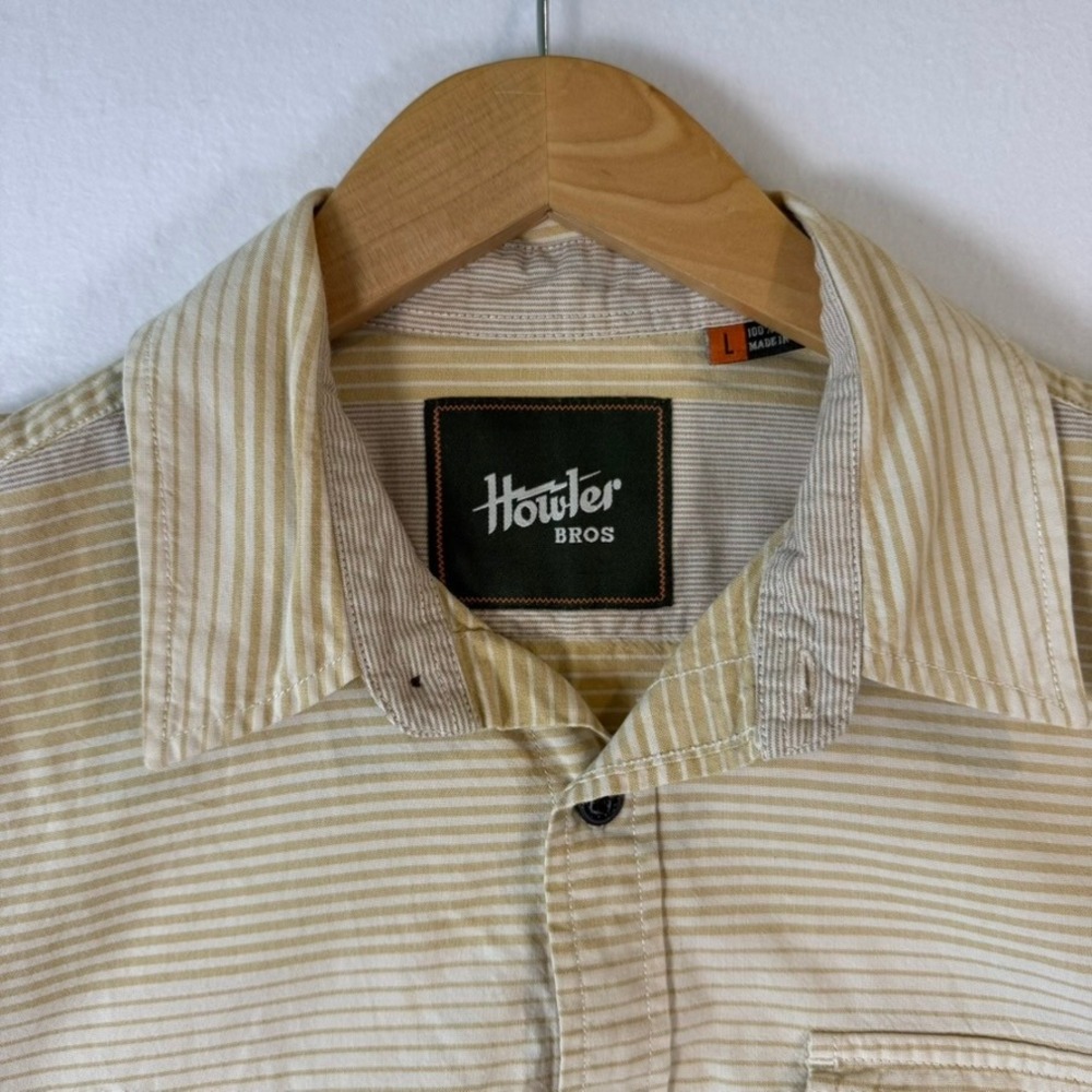 Howler Brothers Mens Large Short Sleeve Striped Cotton Button Up Shirt Tan Grey